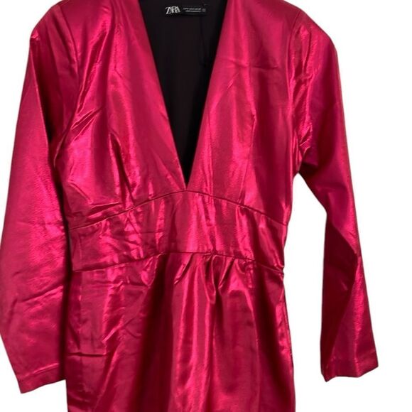 Zara Pink Metallic Foil Laminated Deep V Neck Longsleeve Dress, New - Picture 7 of 7